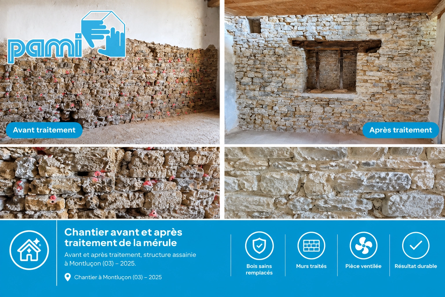 Comparaison avant et après le traitement de la mérule d’un plancher dans l’Allier