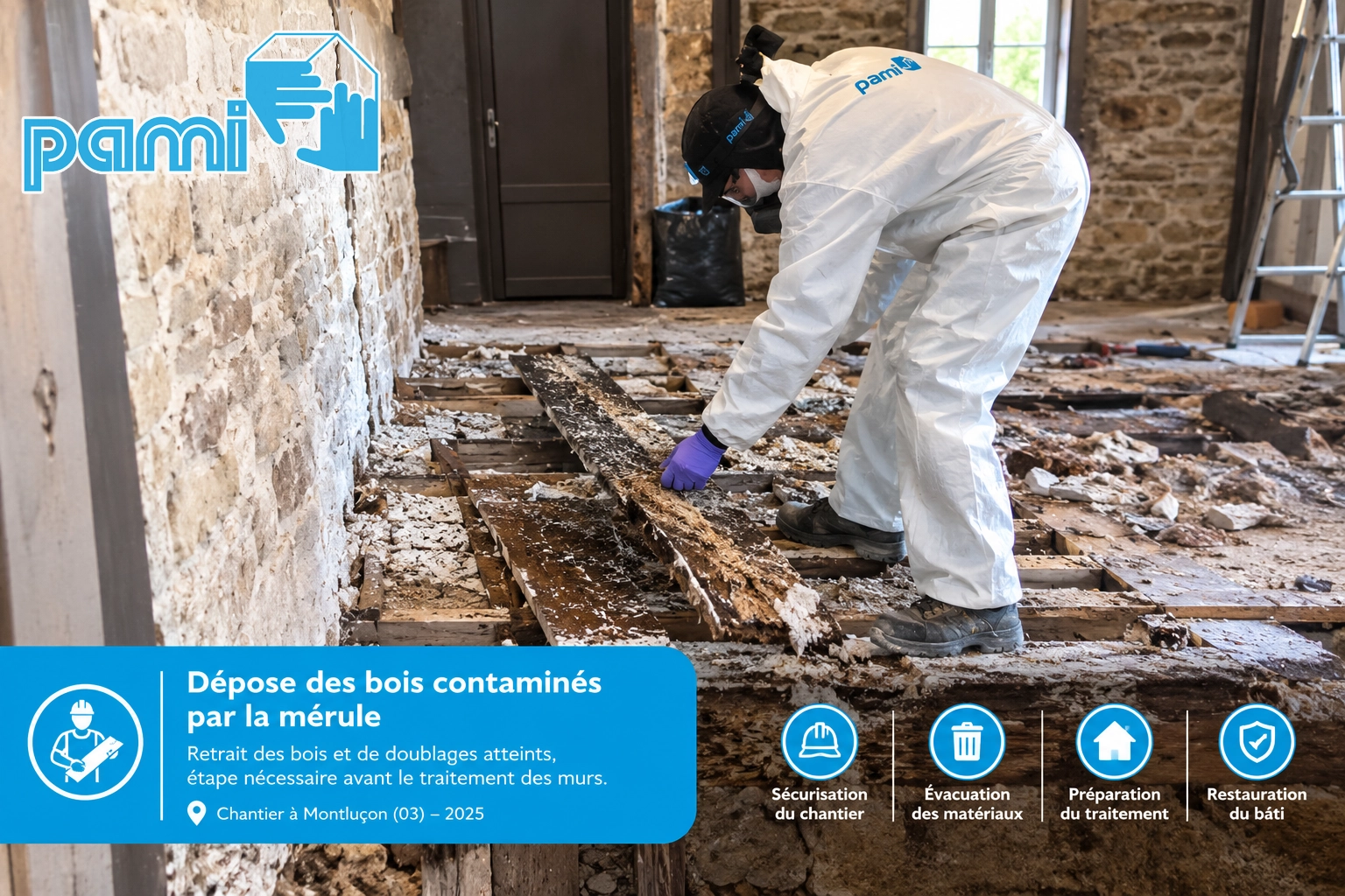 Dépose de bois et de doublages contaminés par la mérule avant traitement d’une maison