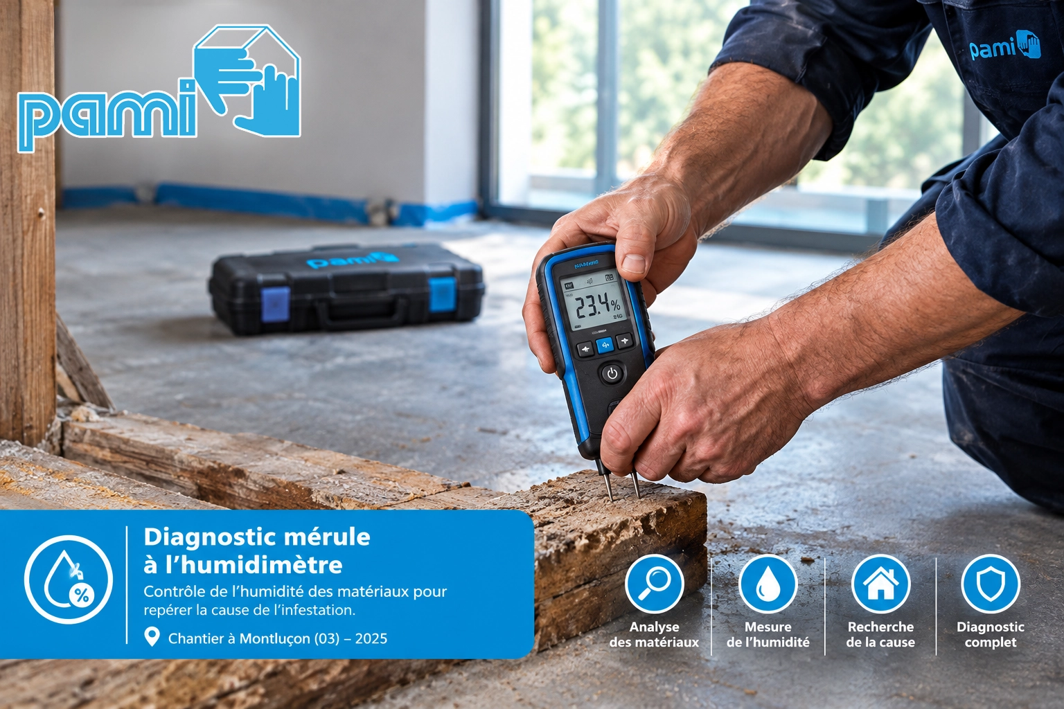 Technicien PAMI mesurant l’humidité du bois avec un humidimètre lors d’un diagnostic