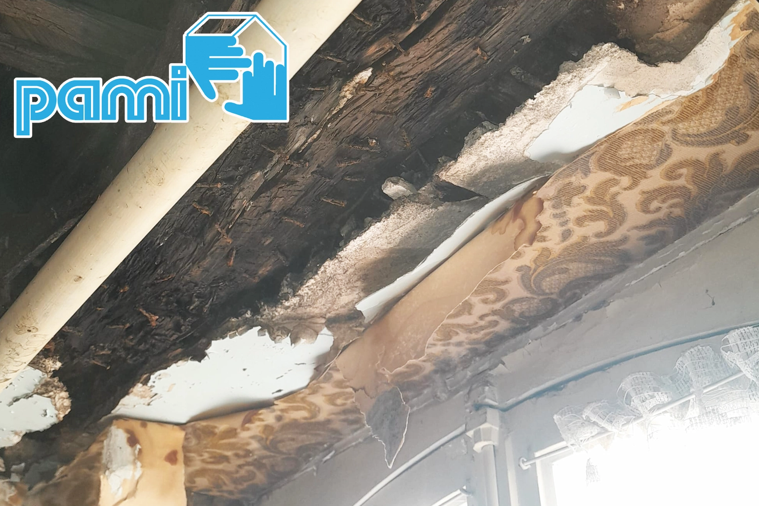 Plafond démonté lors de l'examen d'une zone présentant des traces fongiques à Saint-Flour
