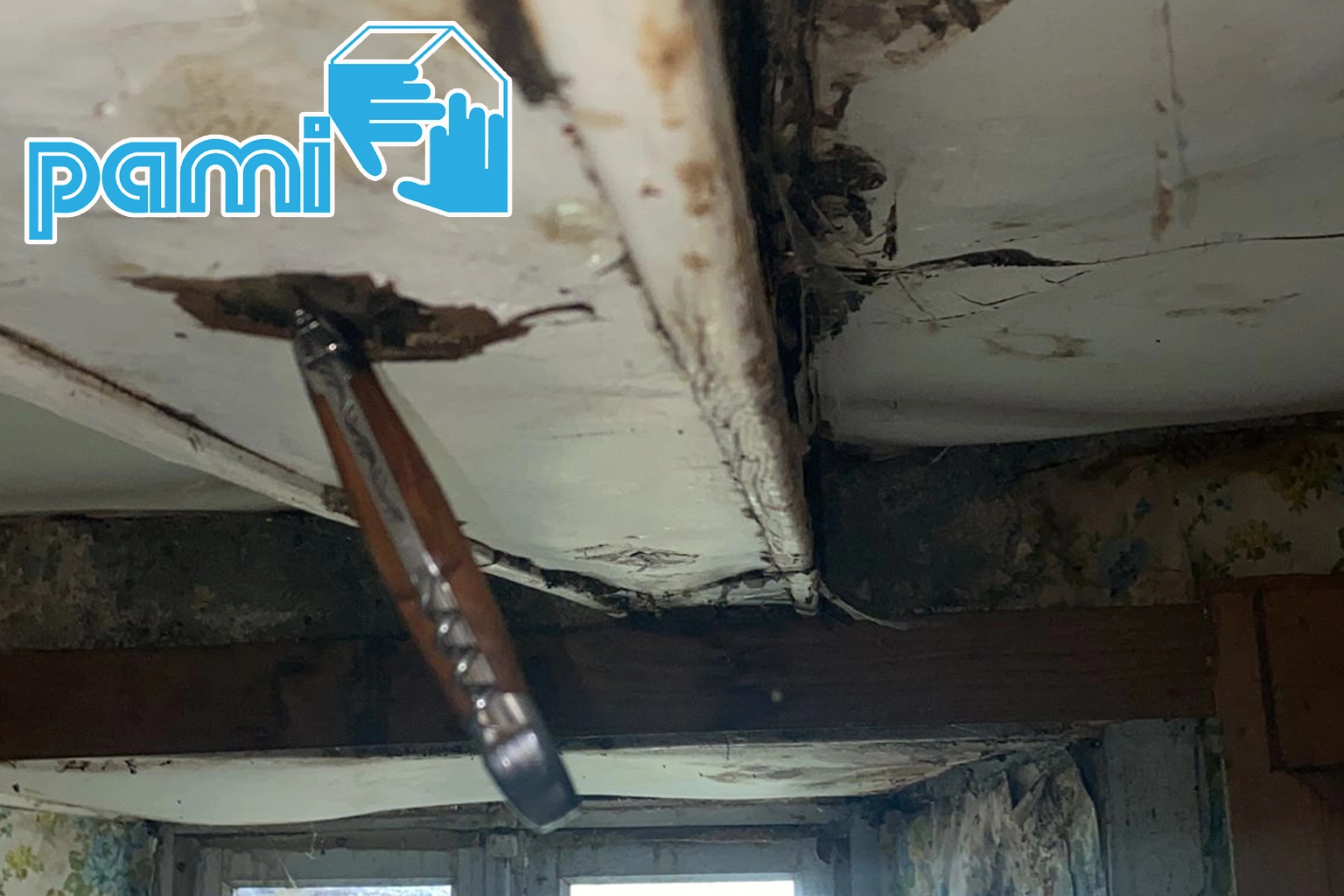 Technicien utilisant un couteau Laguiole pour montrer le bois dégradé par une pourriture cubique sur un chantier de mérule en Aveyron.