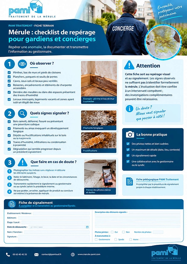 Checklist PAMI de repérage visuel de la mérule pour les gardiens et concierges avec fiche de signalement