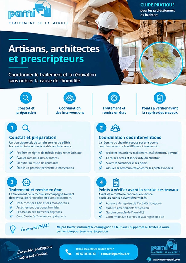 Guide pratique PAMI sur le traitement de la mérule et la rénovation destiné aux artisans, architectes et prescripteurs